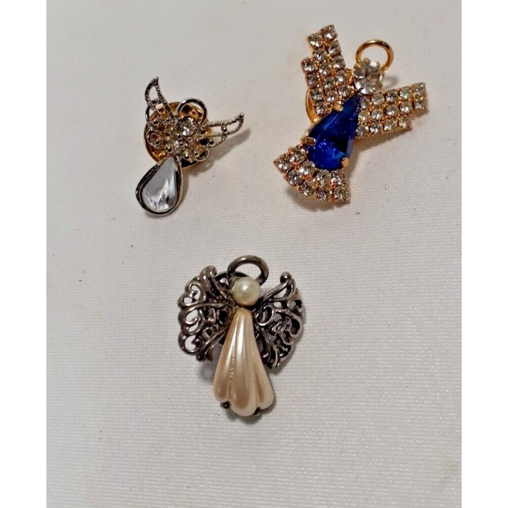 Lot of Vintage RR & Unbranded Silvertone Angel Lapel Pins ~ Faux Pearl & Rhinest